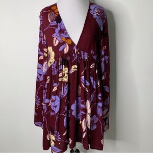 Free People Women's Maroon Purple Floral Long Sleeve V Neck Tunic Mini Dress Sm